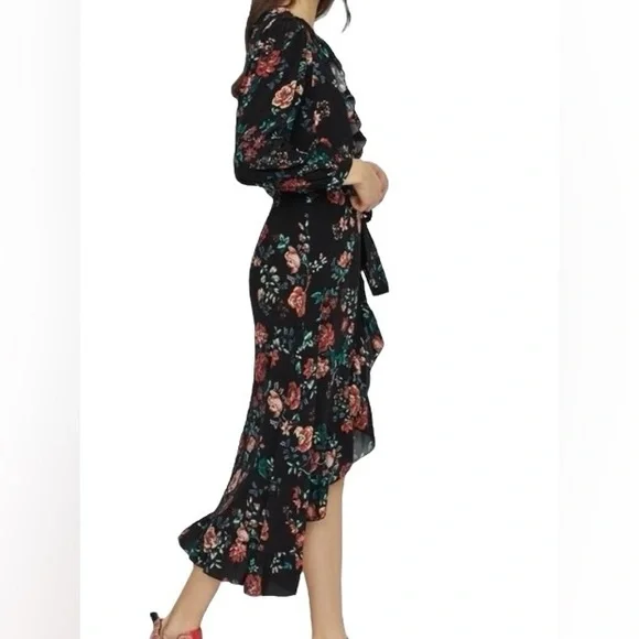 Maje Rosetina Crepe Floral Long Sleeve V-Neck Wrap Ruffle Dress - Picture 3 of 9